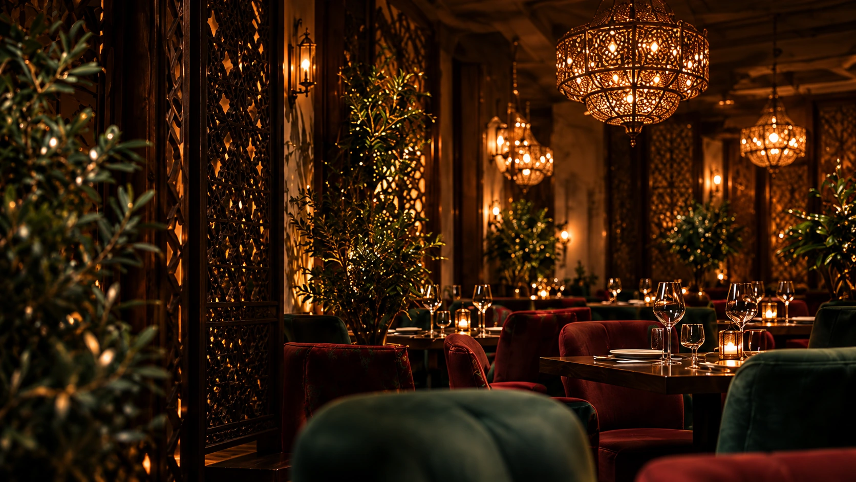 Warm verlichte restauranttafels met kroonluchters, hout en fluwelen stoelen