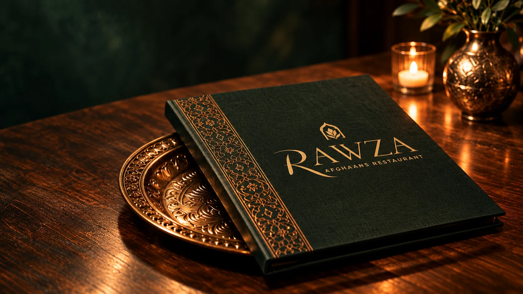 De diepgroene RAWZA-menukaart met gouden rand op een koperen schaal, naast een kaars en een bronzen vaas